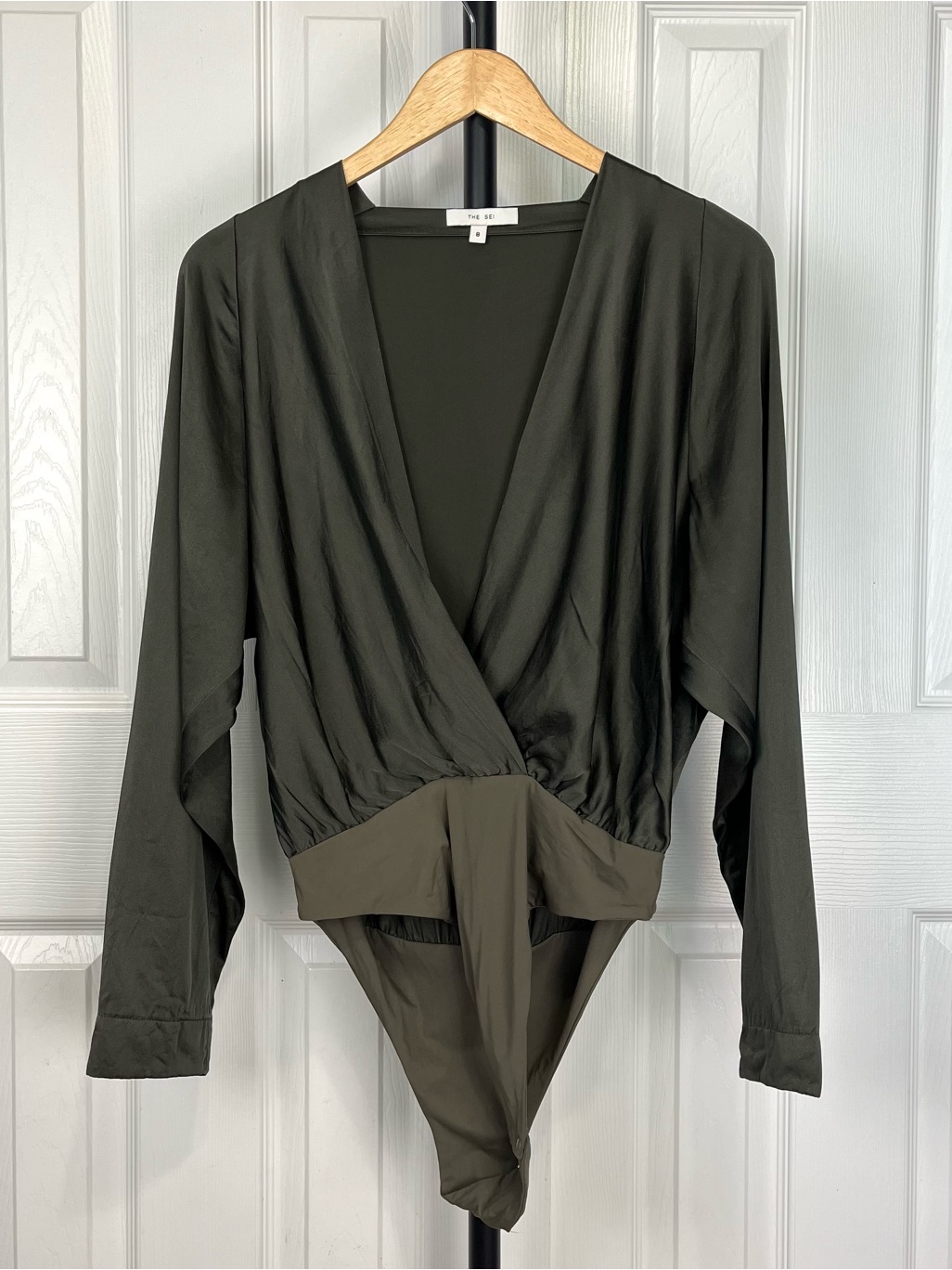 The Sei Raglan-Sleeve Silk Wrap Bodysuit